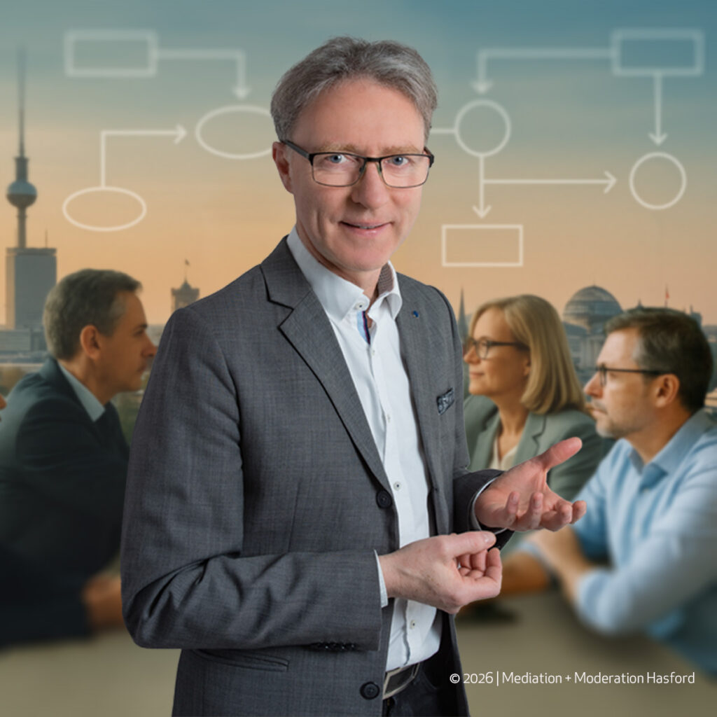 Mediation – die aussergerichtliche Konfliktlösung – wenn Konflikte Entscheidungen verhindern Typische Auslöser Gesellschafterblockade / Mehrheits–Minderheitskonflikte Nachfolge, Rollenwechsel, „wer hat das letzte Wort?“ Führungskonflikte im Top-Team, Vorstand / Beirat / Aufsichtsrat Ergebnis Klare Interessenlage, tragfähige Vereinbarung, Entscheidungsfähigkeit – ohne Gesichtsverlust. CTA: Executive Mediation ansehen